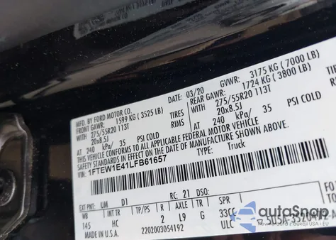 2020 Ford F-150 Lariat из США, поврежденный, VIN 1FTEW1E41LFB61657